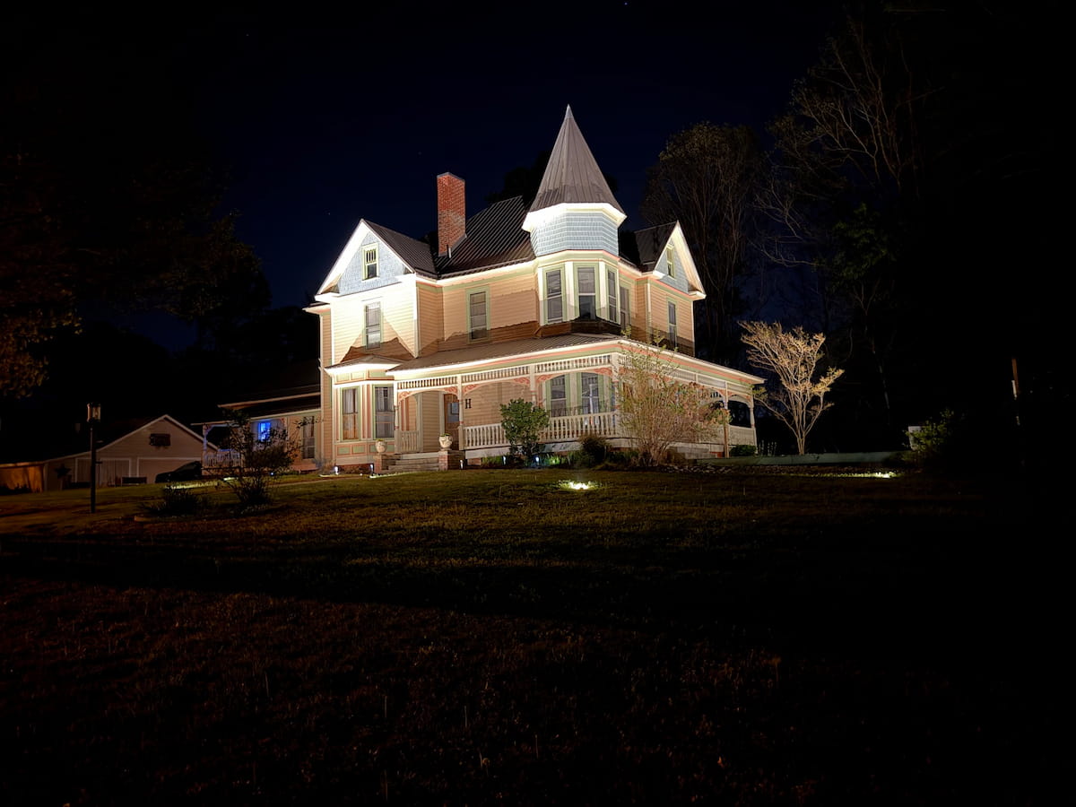 Victorian style home architectural uplighting installation by Luna Vista Exterior Lighting